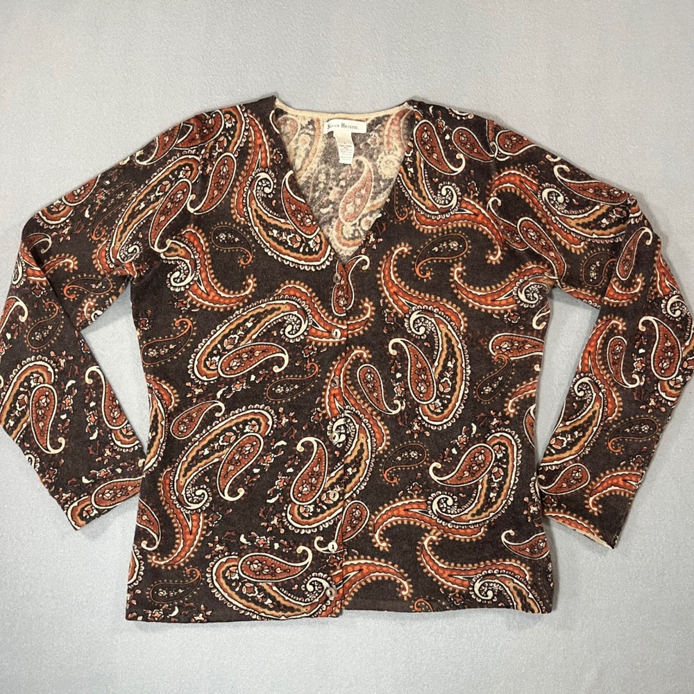Susan Bristol Paisley Lambs‎ wool Angora Cardigan Sweater Brown V Neck Women L